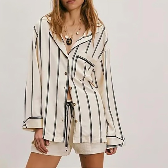 Free People Rorie Striped Satin Long Sleeve Button Up Blouse Top - Picture 1 of 10